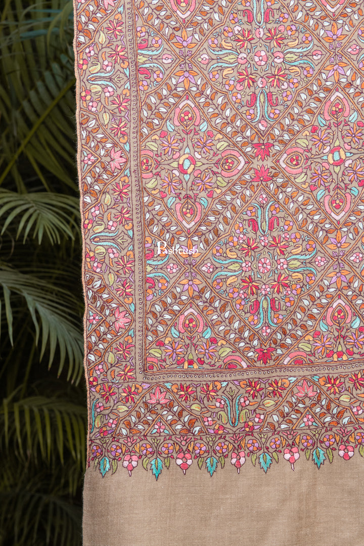 Pashtush Womens Pure Pashmina Shawl, Sozni Hand Embroidery, Hand Woven Design, Multicolour With Natural Woven Base