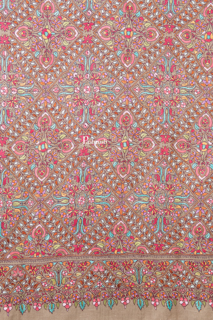 Pashtush Womens Pure Pashmina Shawl, Sozni Hand Embroidery, Hand Woven Design, Multicolour With Natural Woven Base