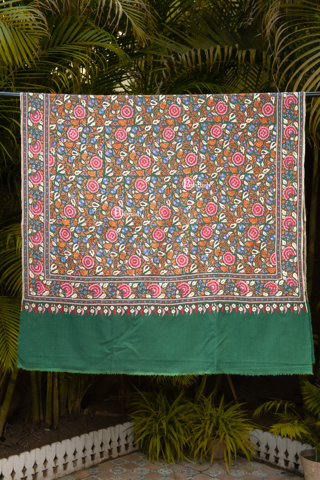 Pashtush Womens Pure Pashmina Shawl, Papier Mache Hand Embroidery, Hand Woven, Gulabdaar Design, Emerald Green