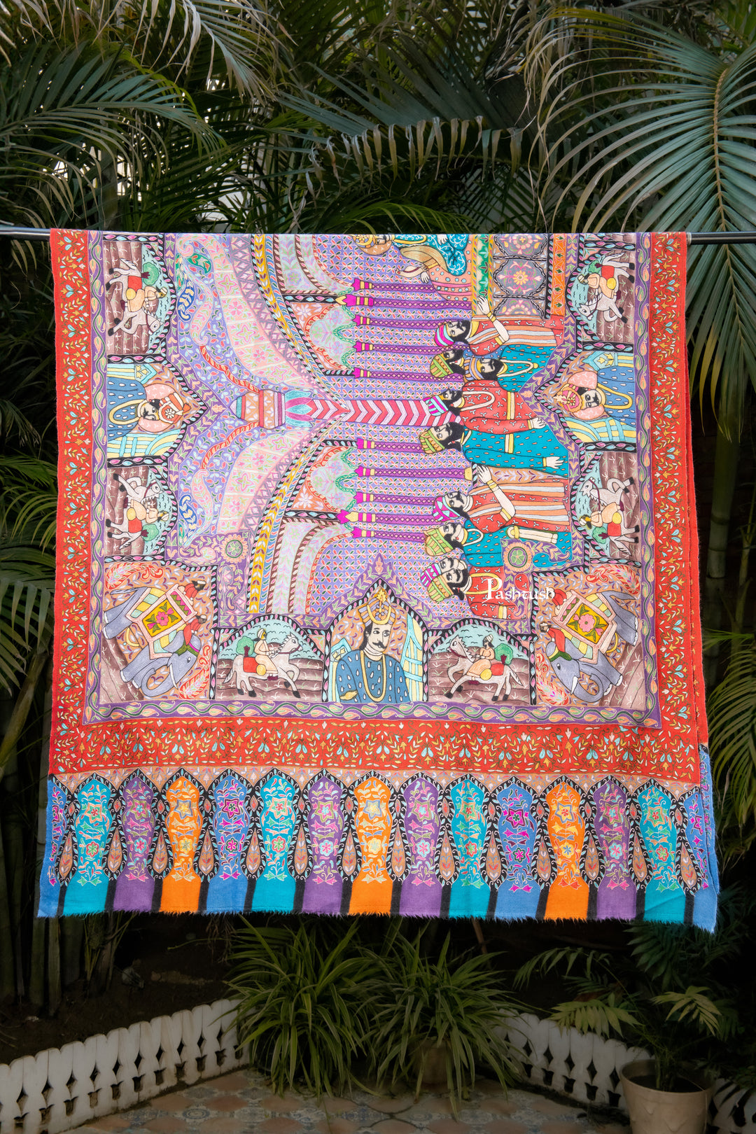 Pashtush Womens Pure Pashmina Shawl, Hand Painted, Hand Embroidery, Handwoven, Darbar Kalamkari Design, Multicolour