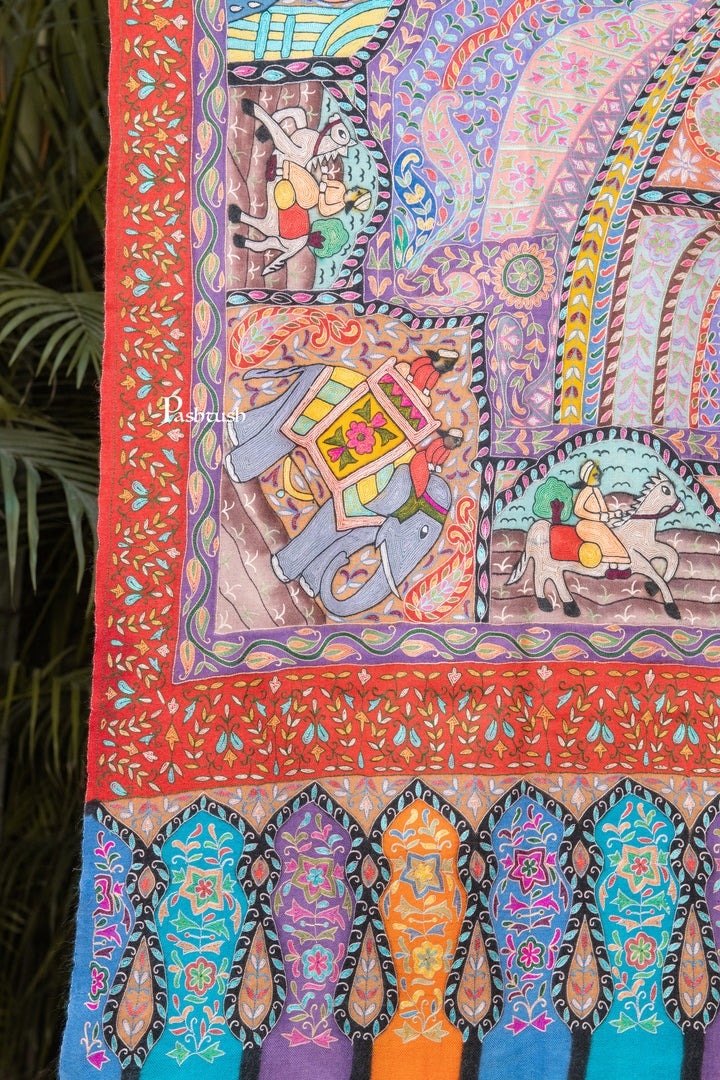 Pashtush Womens Pure Pashmina Shawl, Hand Painted, Hand Embroidery, Handwoven, Darbar Kalamkari Design, Multicolour
