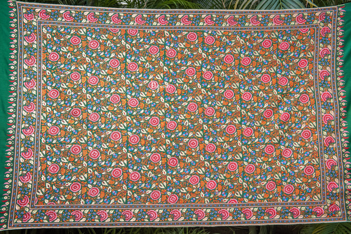 Pashtush Womens Pure Pashmina Shawl, Papier Mache Hand Embroidery, Hand Woven, Gulabdaar Design, Emerald Green