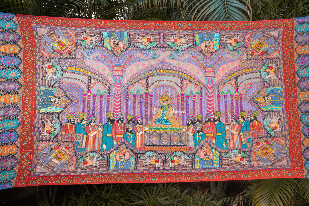 Pashtush Womens Pure Pashmina Shawl, Hand Painted, Hand Embroidery, Handwoven, Darbar Kalamkari Design, Multicolour