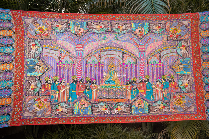 Pashtush Womens Pure Pashmina Shawl, Hand Painted, Hand Embroidery, Handwoven, Darbar Kalamkari Design, Multicolour