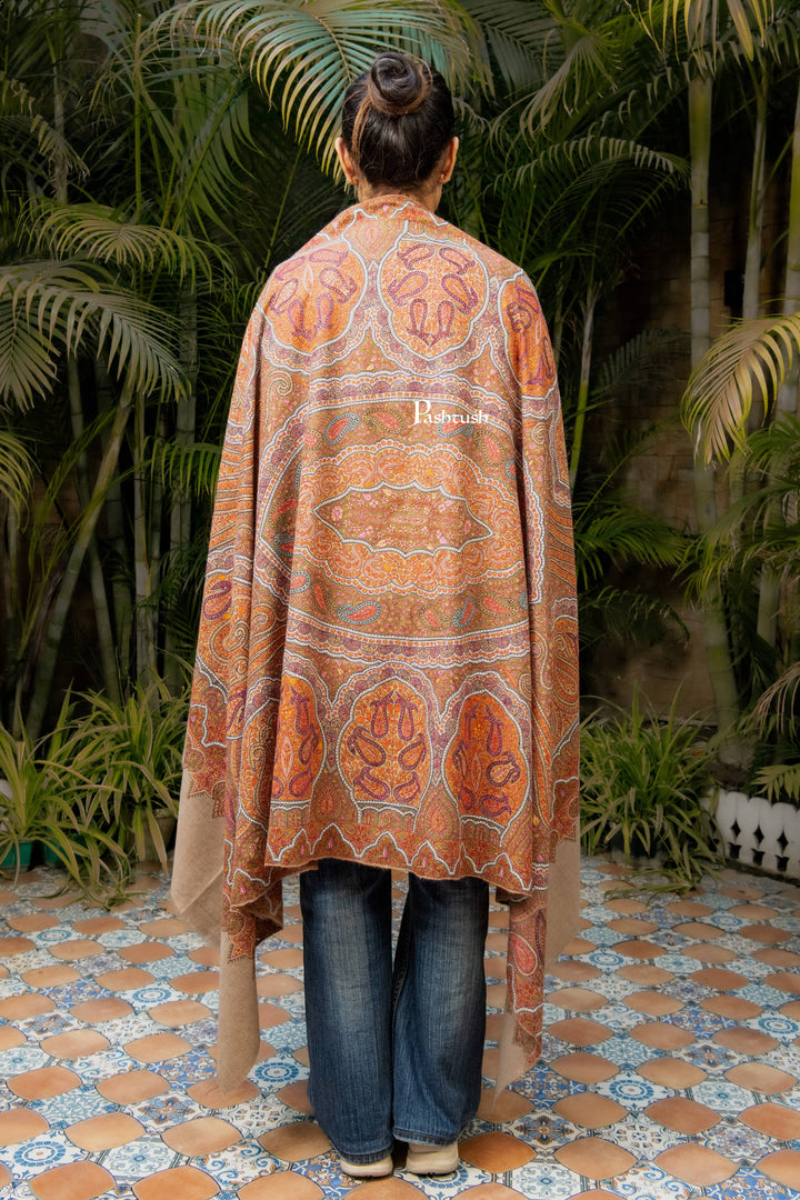 Pashtush Womens Pure Pashmina Shawl, Sozni Hand Embroidery, Hand Woven Design, Khakikaar
