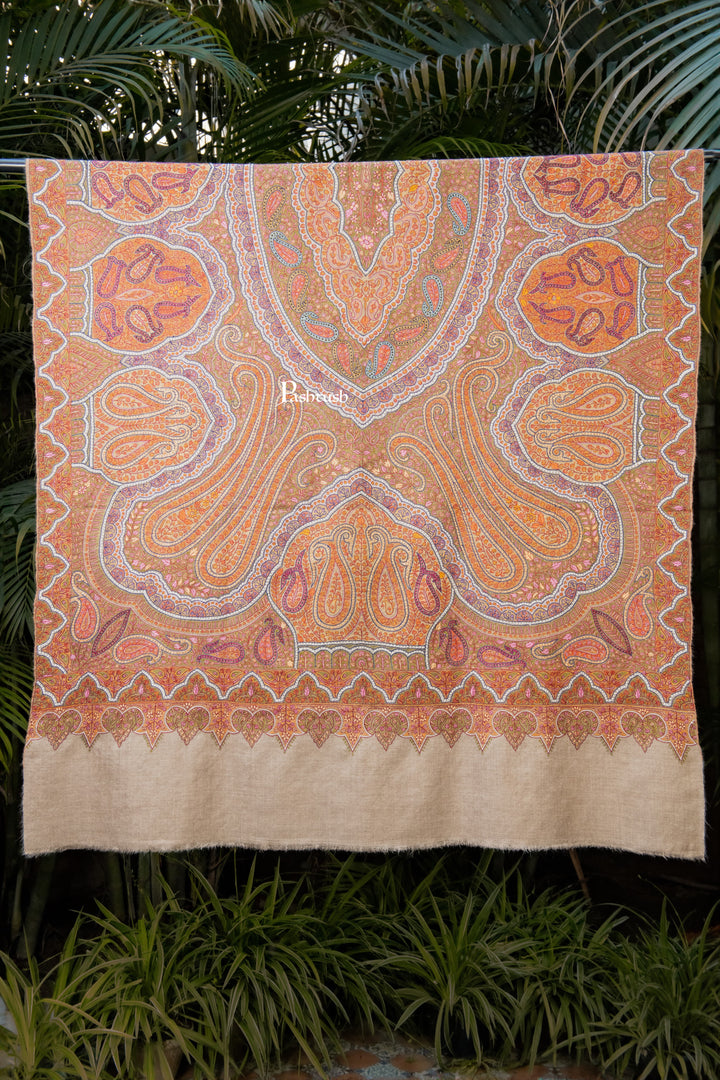 Pashtush Womens Pure Pashmina Shawl, Sozni Hand Embroidery, Hand Woven Design, Khakikaar