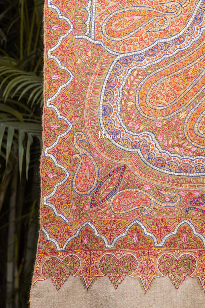 Pashtush Womens Pure Pashmina Shawl, Sozni Hand Embroidery, Hand Woven Design, Khakikaar