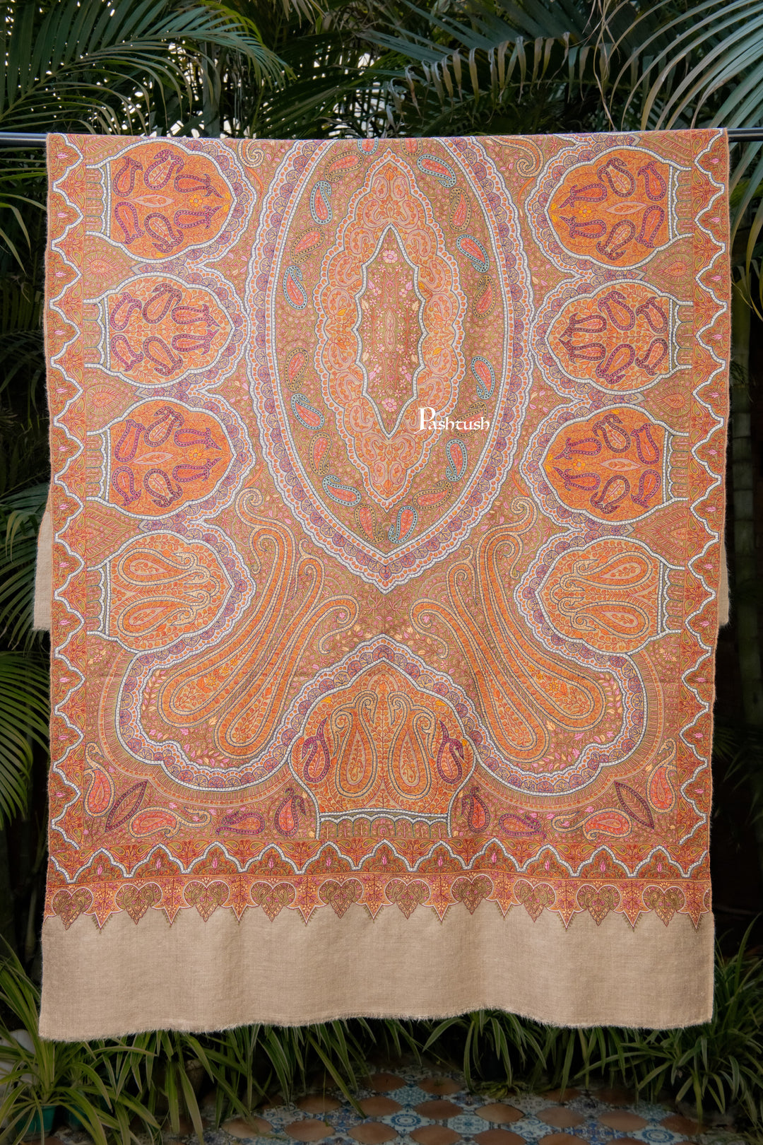 Pashtush Womens Pure Pashmina Shawl, Sozni Hand Embroidery, Hand Woven Design, Khakikaar