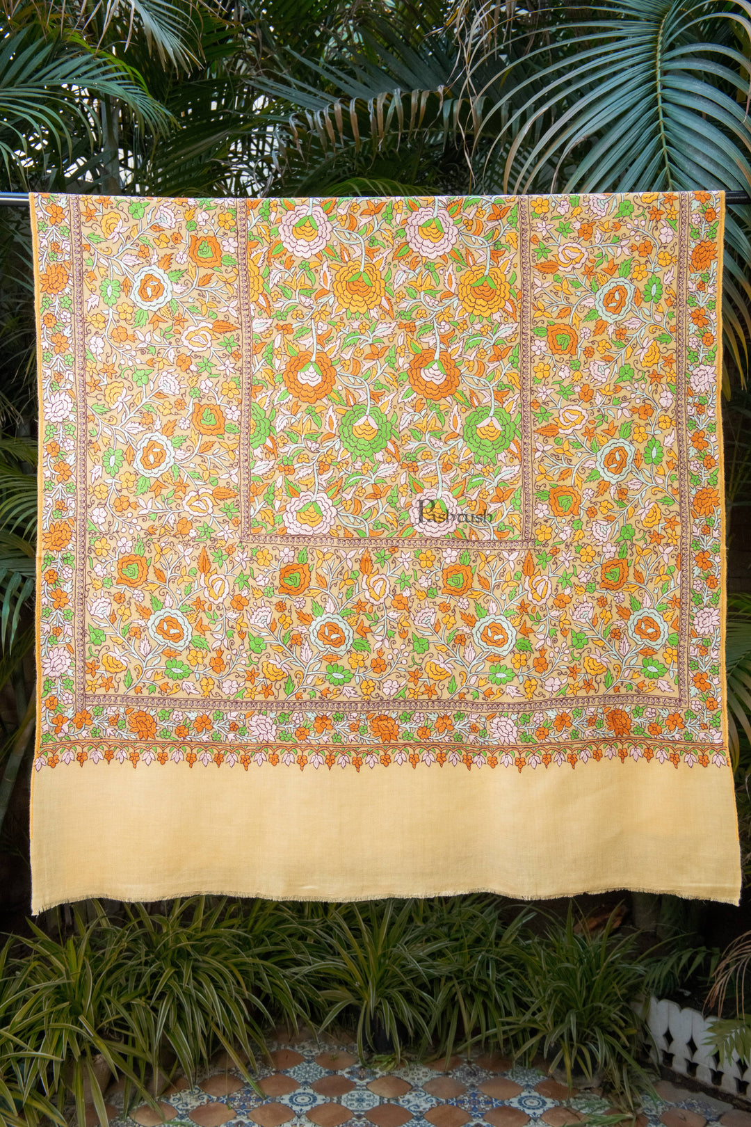Pashtush Womens Pure Pashmina Shawl, Papier Mache Hand Embroidery, Hand Woven, Gulabdaar Design, Yellow
