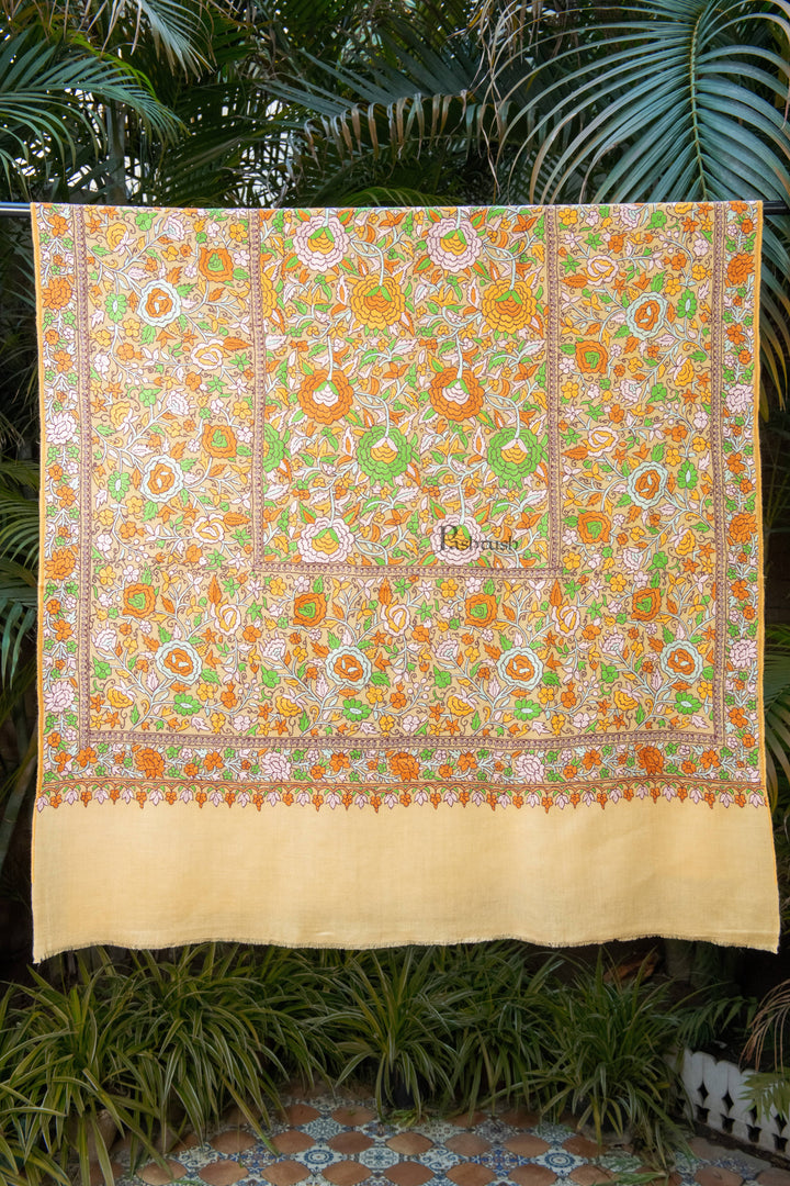 Pashtush Womens Pure Pashmina Shawl, Papier Mache Hand Embroidery, Hand Woven, Gulabdaar Design, Yellow