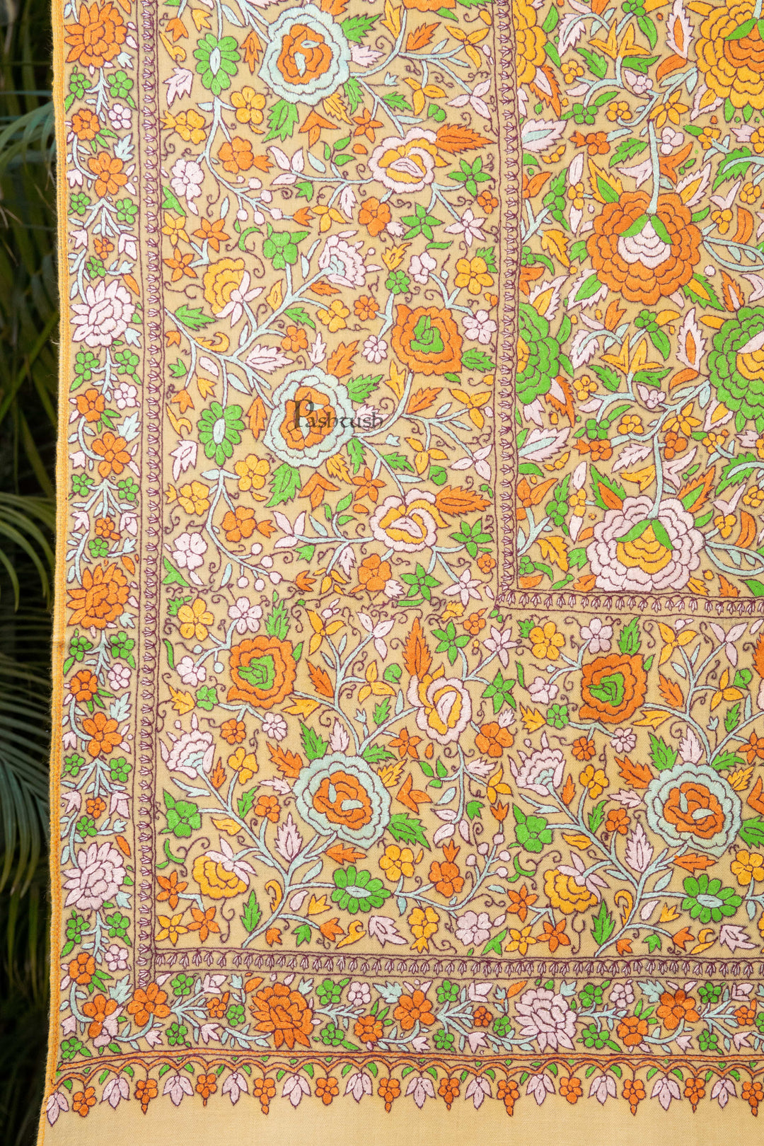 Pashtush Womens Pure Pashmina Shawl, Papier Mache Hand Embroidery, Hand Woven, Gulabdaar Design, Yellow