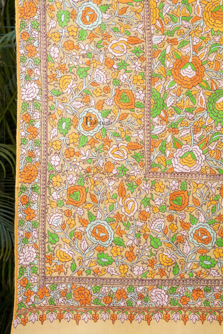 Pashtush Womens Pure Pashmina Shawl, Papier Mache Hand Embroidery, Hand Woven, Gulabdaar Design, Yellow