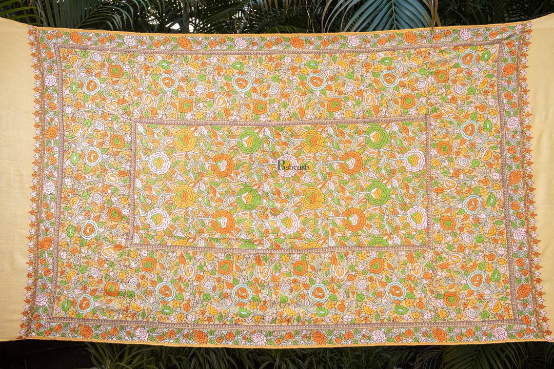 Pashtush Womens Pure Pashmina Shawl, Papier Mache Hand Embroidery, Hand Woven, Gulabdaar Design, Yellow