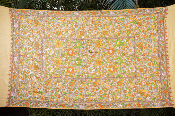 Pashtush Womens Pure Pashmina Shawl, Papier Mache Hand Embroidery, Hand Woven, Gulabdaar Design, Yellow