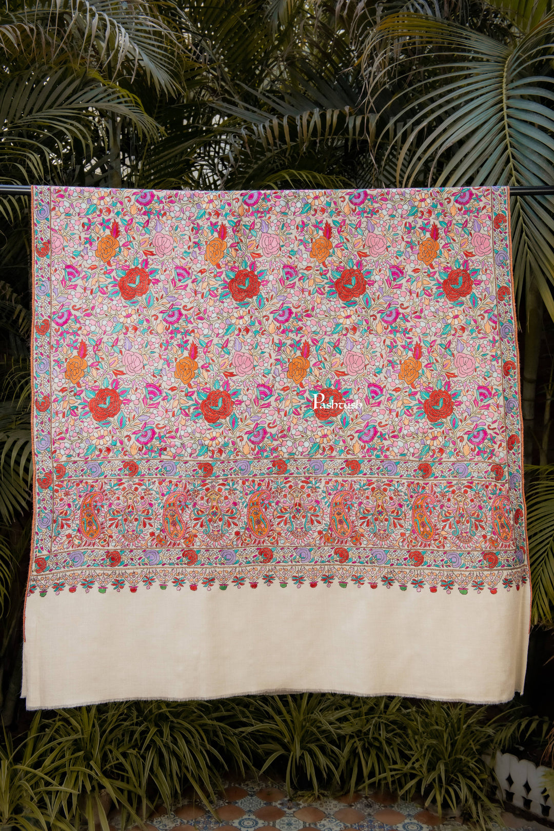 Pashtush Womens Pure Pashmina Shawl, Papier Mache Hand Embroidery, Hand Woven, Gulabdaar Design, Emily Ivory
