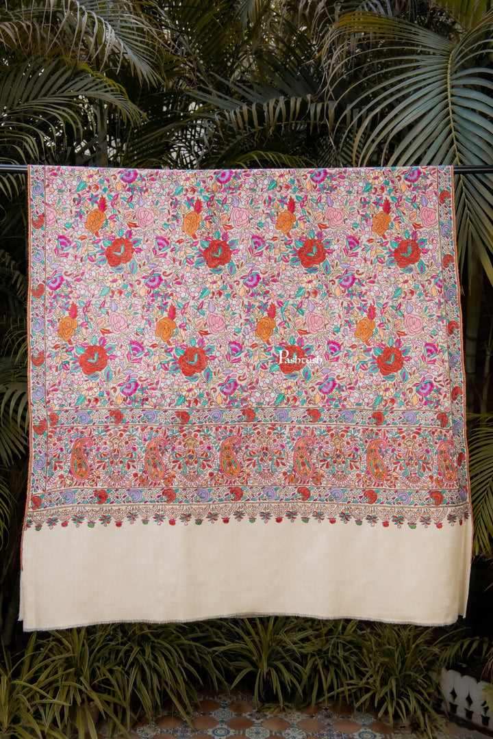 Pashtush Womens Pure Pashmina Shawl, Papier Mache Hand Embroidery, Hand Woven, Gulabdaar Design, Emily Ivory