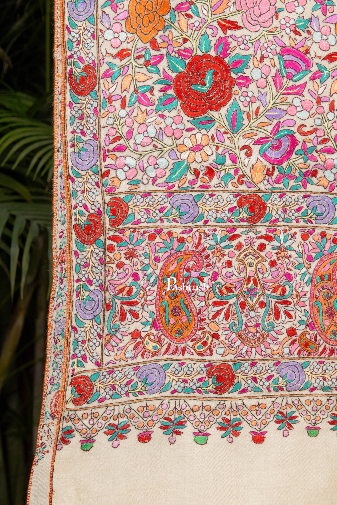 Pashtush Womens Pure Pashmina Shawl, Papier Mache Hand Embroidery, Hand Woven, Gulabdaar Design, Emily Ivory