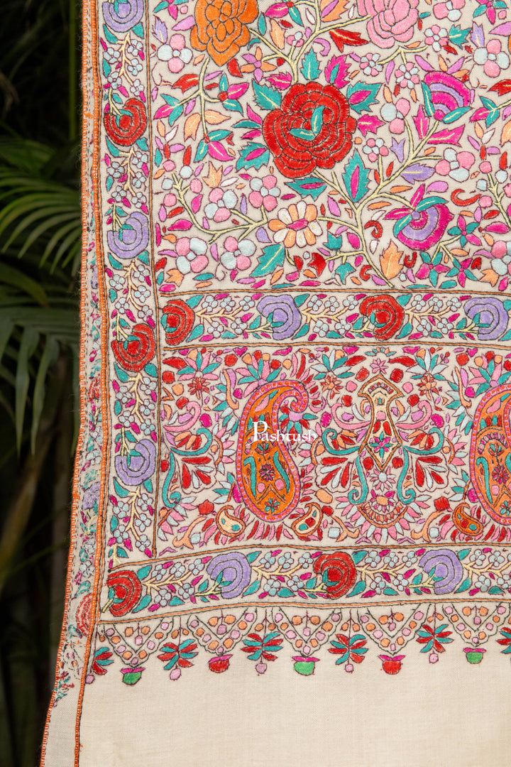Pashtush Womens Pure Pashmina Shawl, Papier Mache Hand Embroidery, Hand Woven, Gulabdaar Design, Emily Ivory