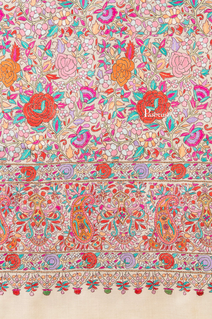 Pashtush Womens Pure Pashmina Shawl, Papier Mache Hand Embroidery, Hand Woven, Gulabdaar Design, Emily Ivory