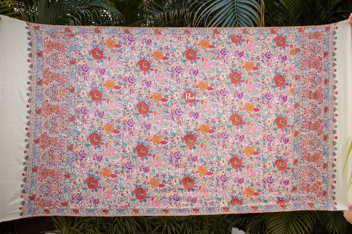 Pashtush Womens Pure Pashmina Shawl, Papier Mache Hand Embroidery, Hand Woven, Gulabdaar Design, Emily Ivory