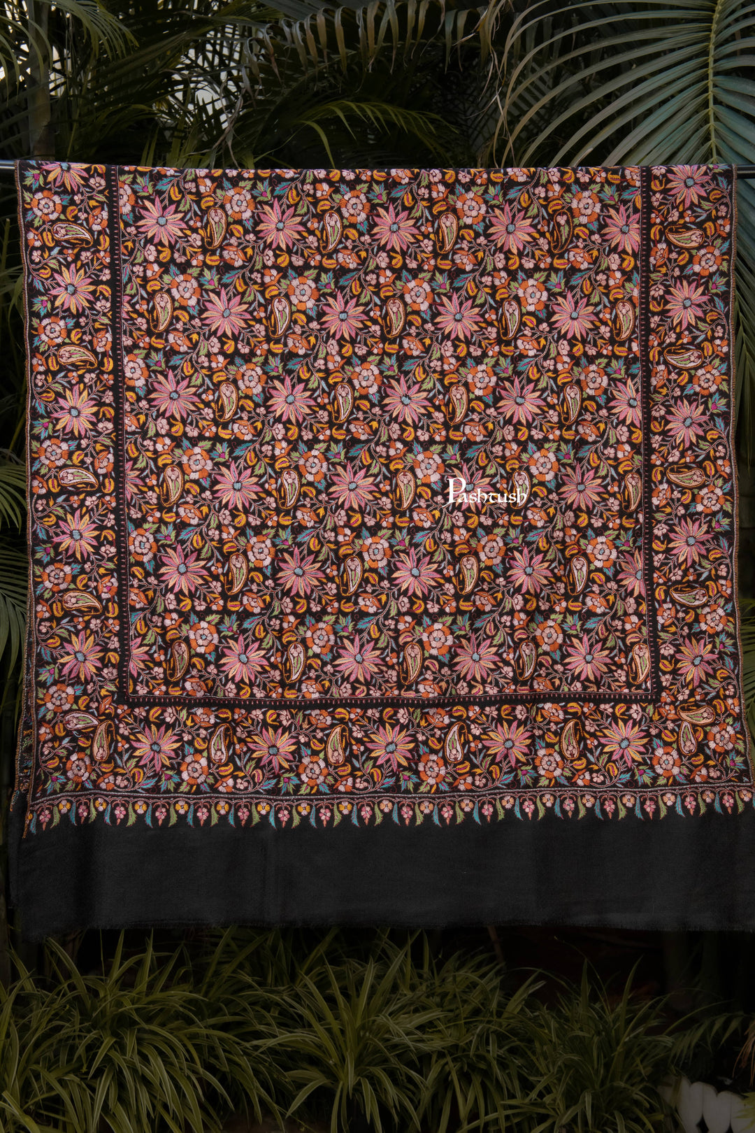 Pashtush Womens Pure Pashmina Shawl, Papier Mache Hand Embroidery, Hand Woven, Gulabdaar Design, Black