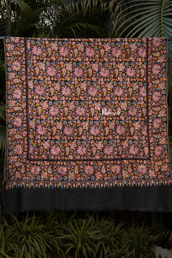 Pashtush Womens Pure Pashmina Shawl, Papier Mache Hand Embroidery, Hand Woven, Gulabdaar Design, Black
