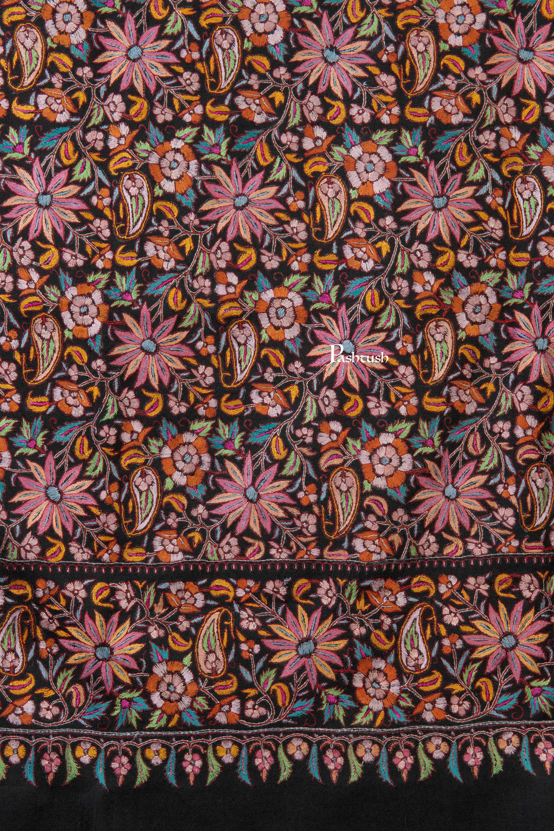 Pashtush Womens Pure Pashmina Shawl, Papier Mache Hand Embroidery, Hand Woven, Gulabdaar Design, Black