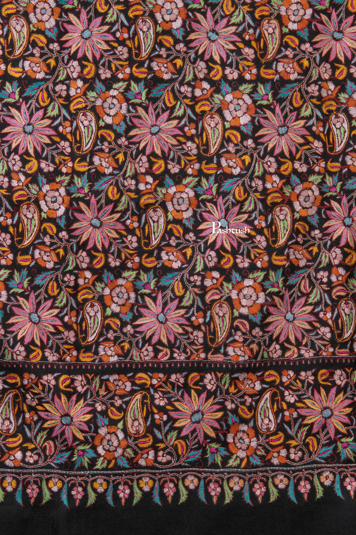 Pashtush Womens Pure Pashmina Shawl, Papier Mache Hand Embroidery, Hand Woven, Gulabdaar Design, Black