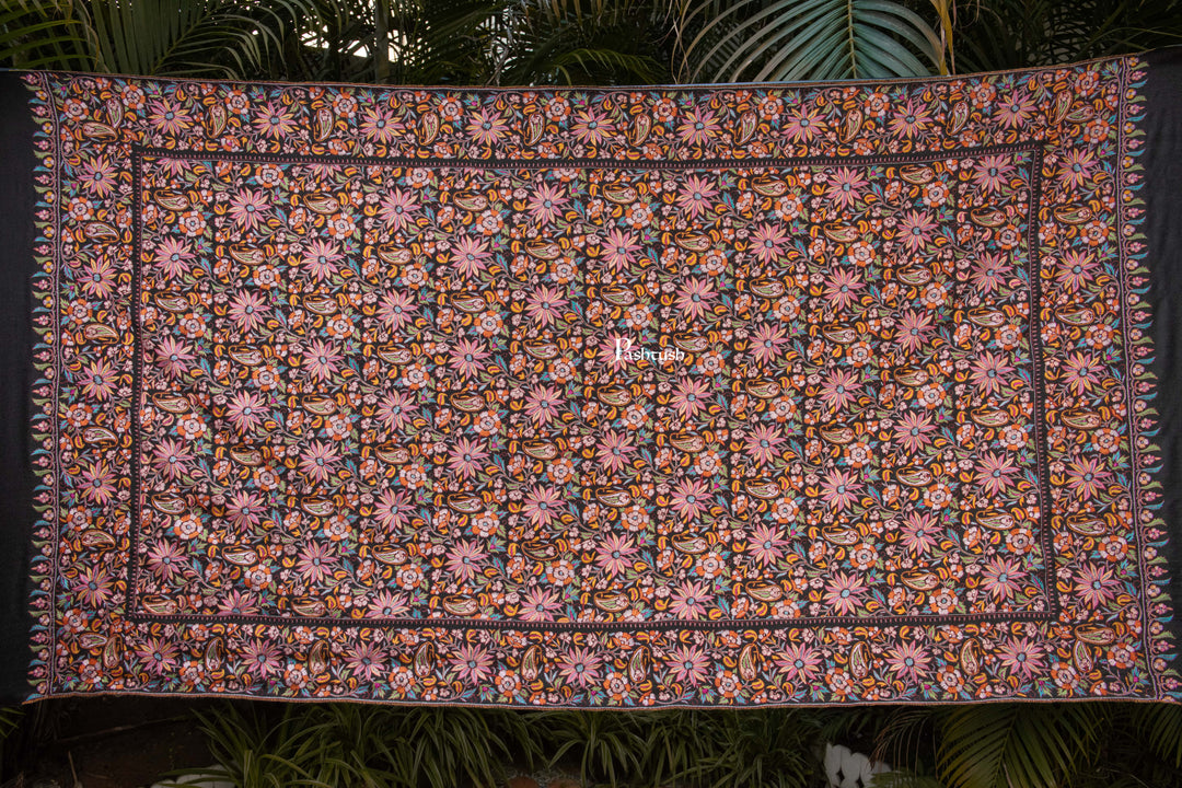 Pashtush Womens Pure Pashmina Shawl, Papier Mache Hand Embroidery, Hand Woven, Gulabdaar Design, Black