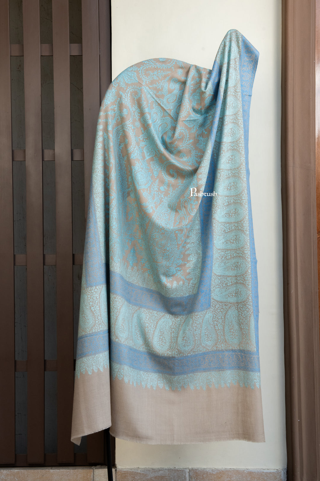 Pashtush Mens Pure Pashmina Shawl, Arabic Sea Blue