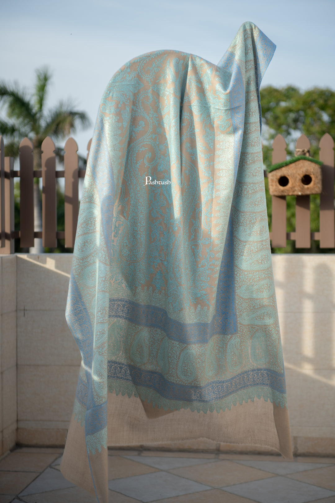 Pashtush Mens Pure Pashmina Shawl, Arabic Sea Blue
