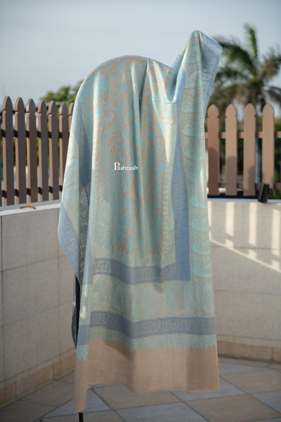 Pashtush Mens Pure Pashmina Shawl, Arabic Sea Blue