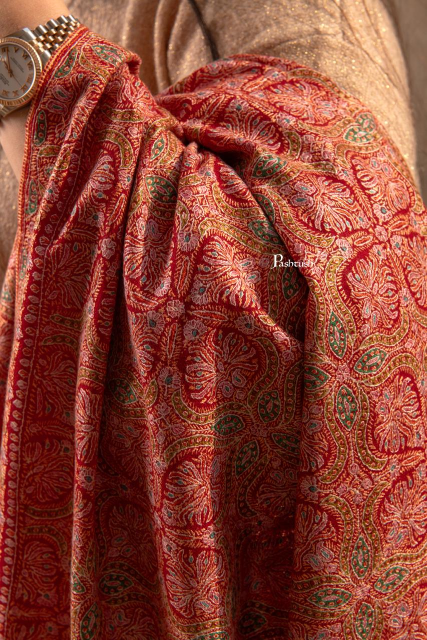 Pashtush Womens Pure Pashmina Shawl Sozni, Kashmiri Hand Embroidery, Maroon