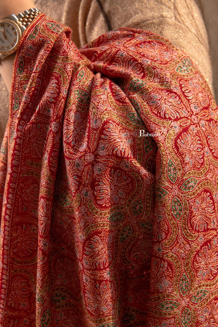 Pashtush Womens Pure Pashmina Shawl Sozni, Kashmiri Hand Embroidery, Maroon