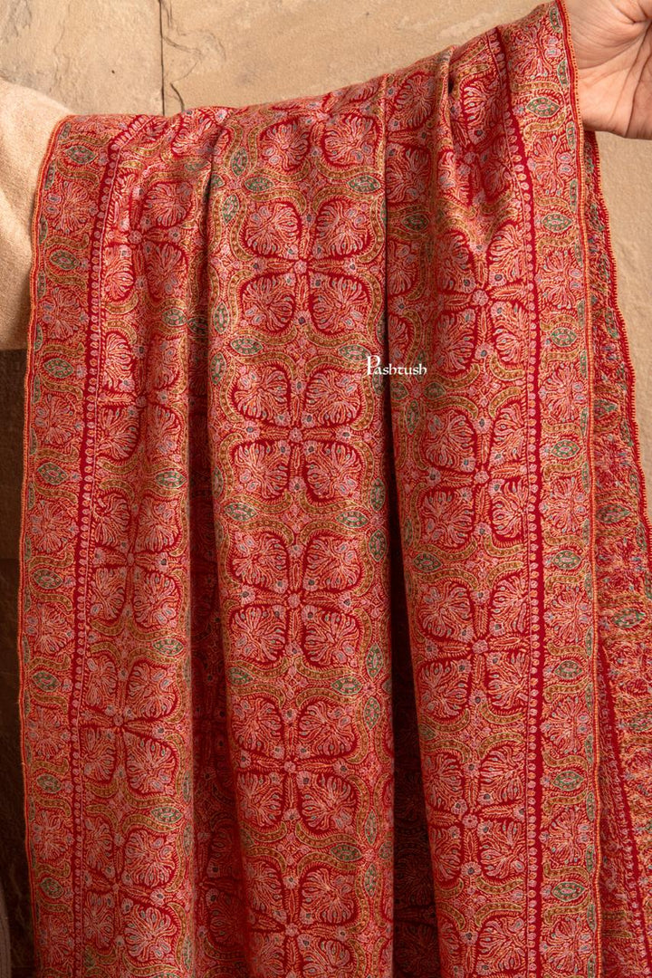 Pashtush Womens Pure Pashmina Shawl Sozni, Kashmiri Hand Embroidery, Maroon