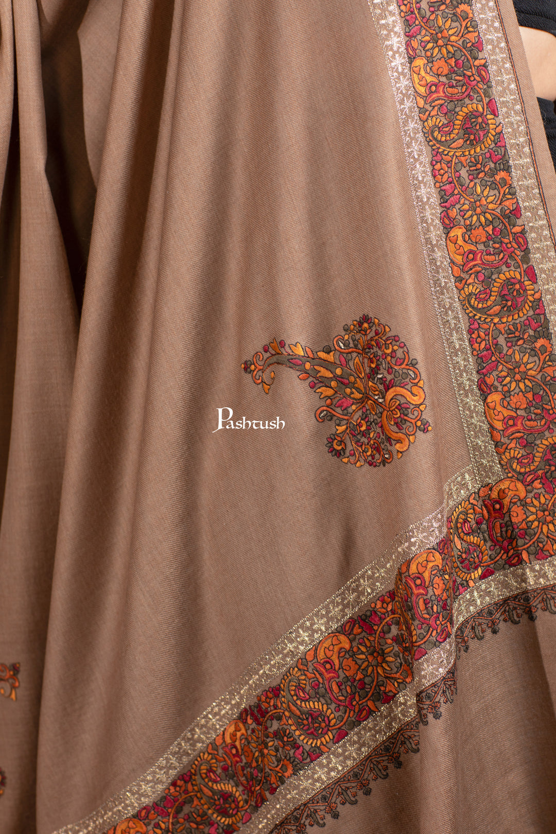 Pashtush His and Her Gift Set of Mens Palla Embroidery Shawl and Womens Fine Wool Tilla Border Shawls, Taupe, Packaged in Keepsake Wooden Chester Gift Box