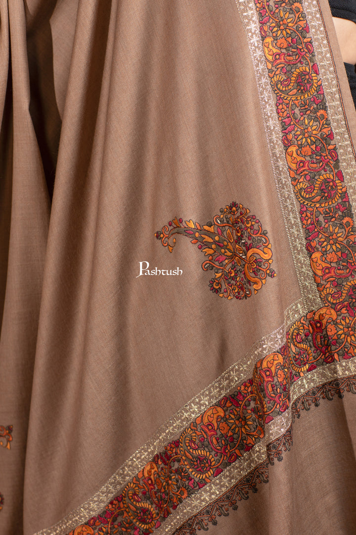 Pashtush His and Her Gift Set of Mens Palla Embroidery Shawl and Womens Fine Wool Tilla Border Shawls, Taupe, Packaged in Keepsake Wooden Chester Gift Box