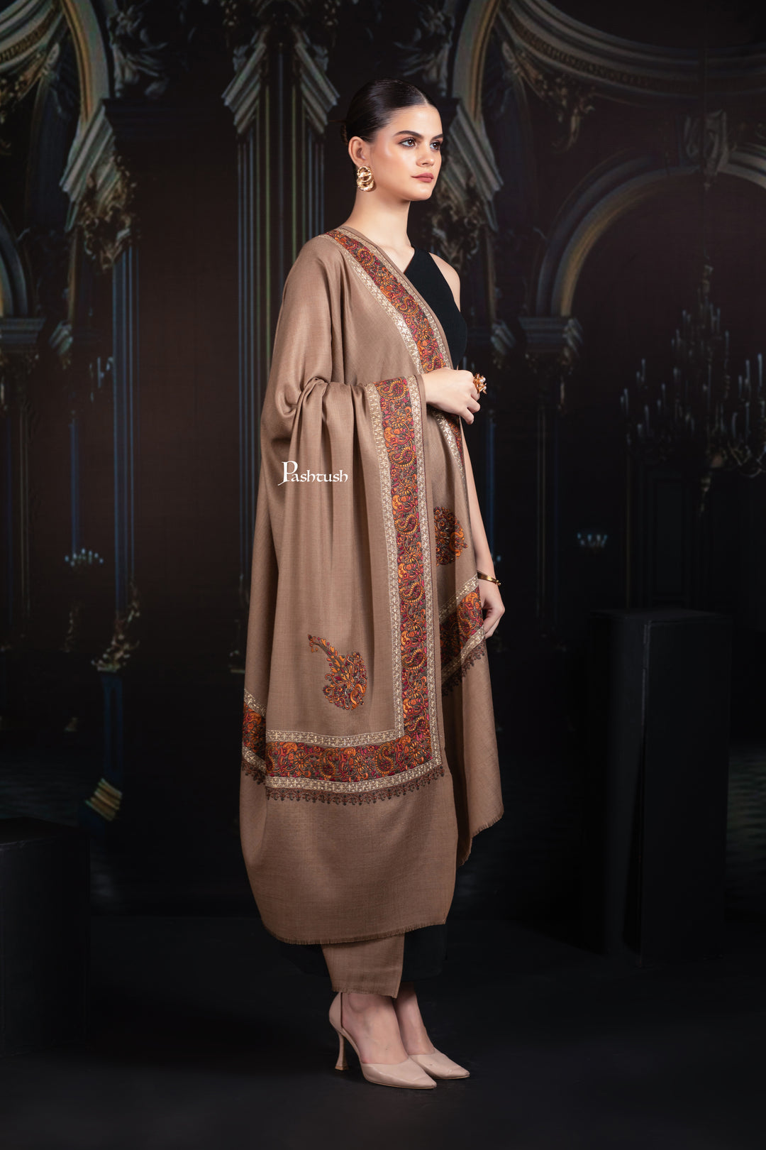 Pashtush His and Her Gift Set of Mens Palla Embroidery Shawl and Womens Fine Wool Tilla Border Shawls, Taupe, Packaged in Keepsake Wooden Chester Gift Box