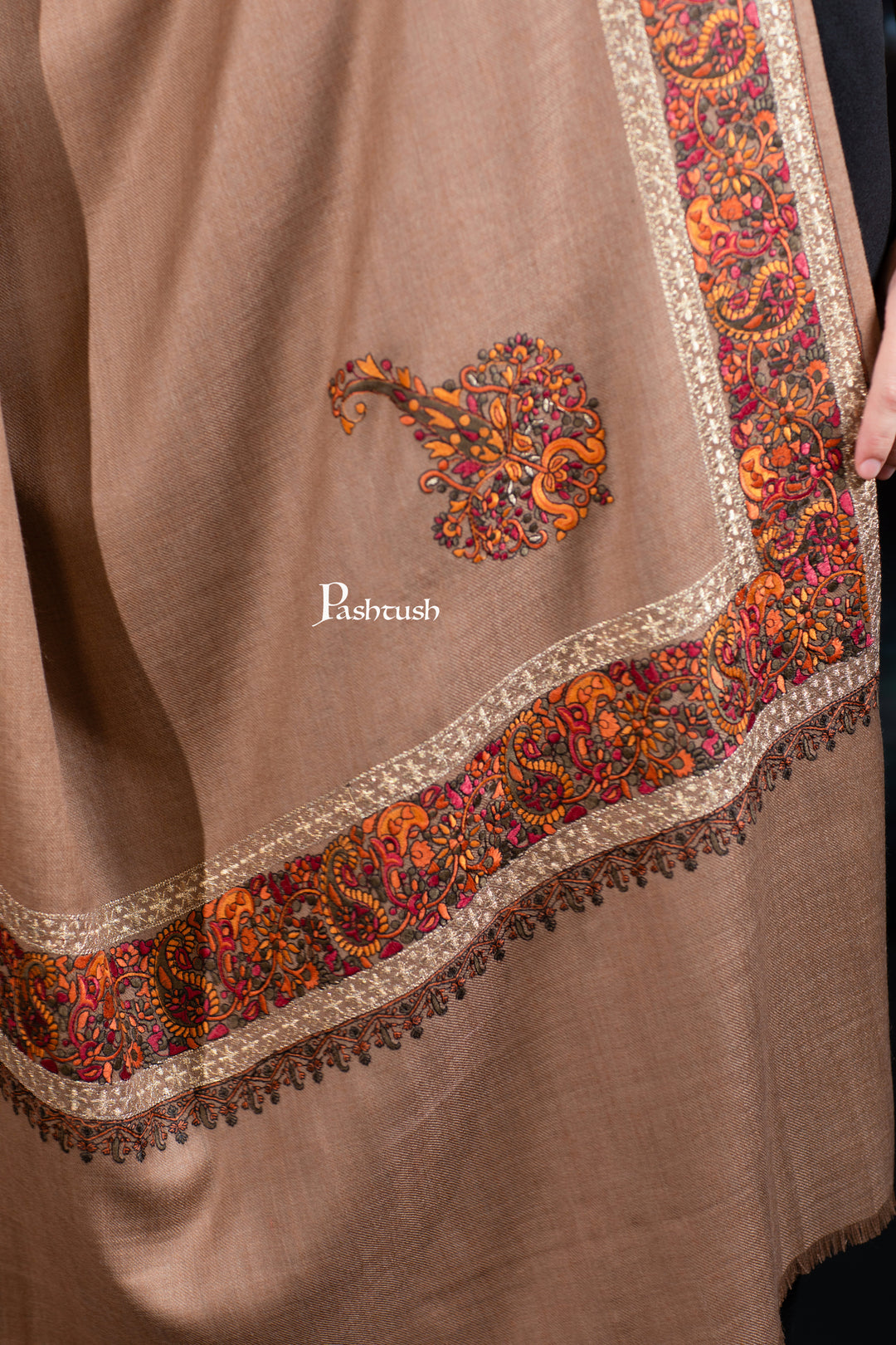 Pashtush His and Her Gift Set of Mens Palla Embroidery Shawl and Womens Fine Wool Tilla Border Shawls, Taupe, Packaged in Keepsake Wooden Chester Gift Box