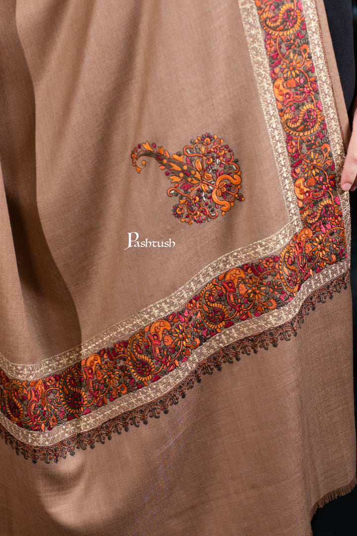 Pashtush His and Her Gift Set of Mens Palla Embroidery Shawl and Womens Fine Wool Tilla Border Shawls, Taupe, Packaged in Keepsake Wooden Chester Gift Box