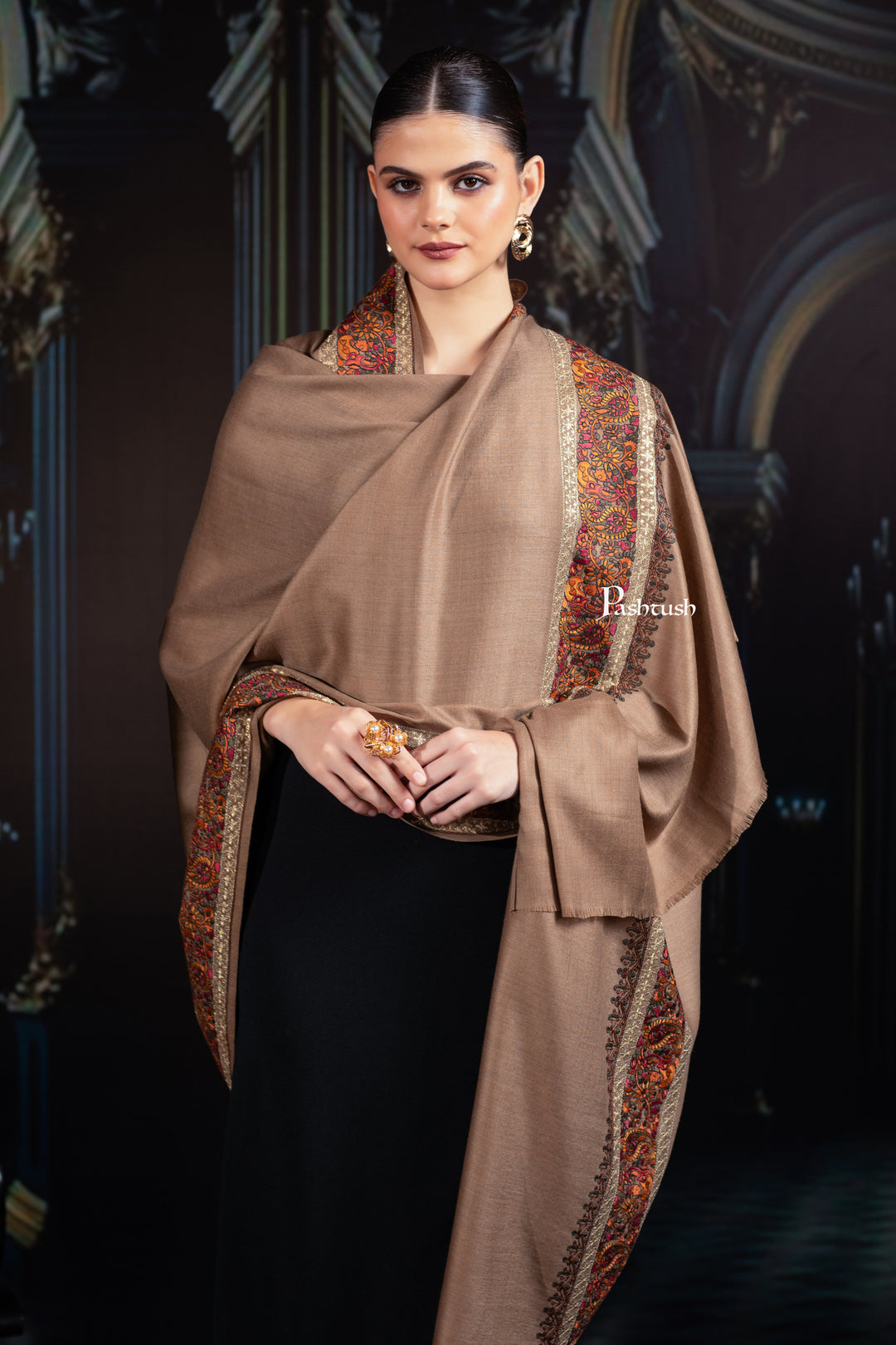 Pashtush His and Her Gift Set of Mens Palla Embroidery Shawl and Womens Fine Wool Tilla Border Shawls, Taupe, Packaged in Keepsake Wooden Chester Gift Box
