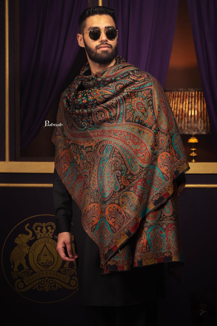 Pashtush Mens Fine Wool Stole, Woven Design, Rich Paisleys, Black