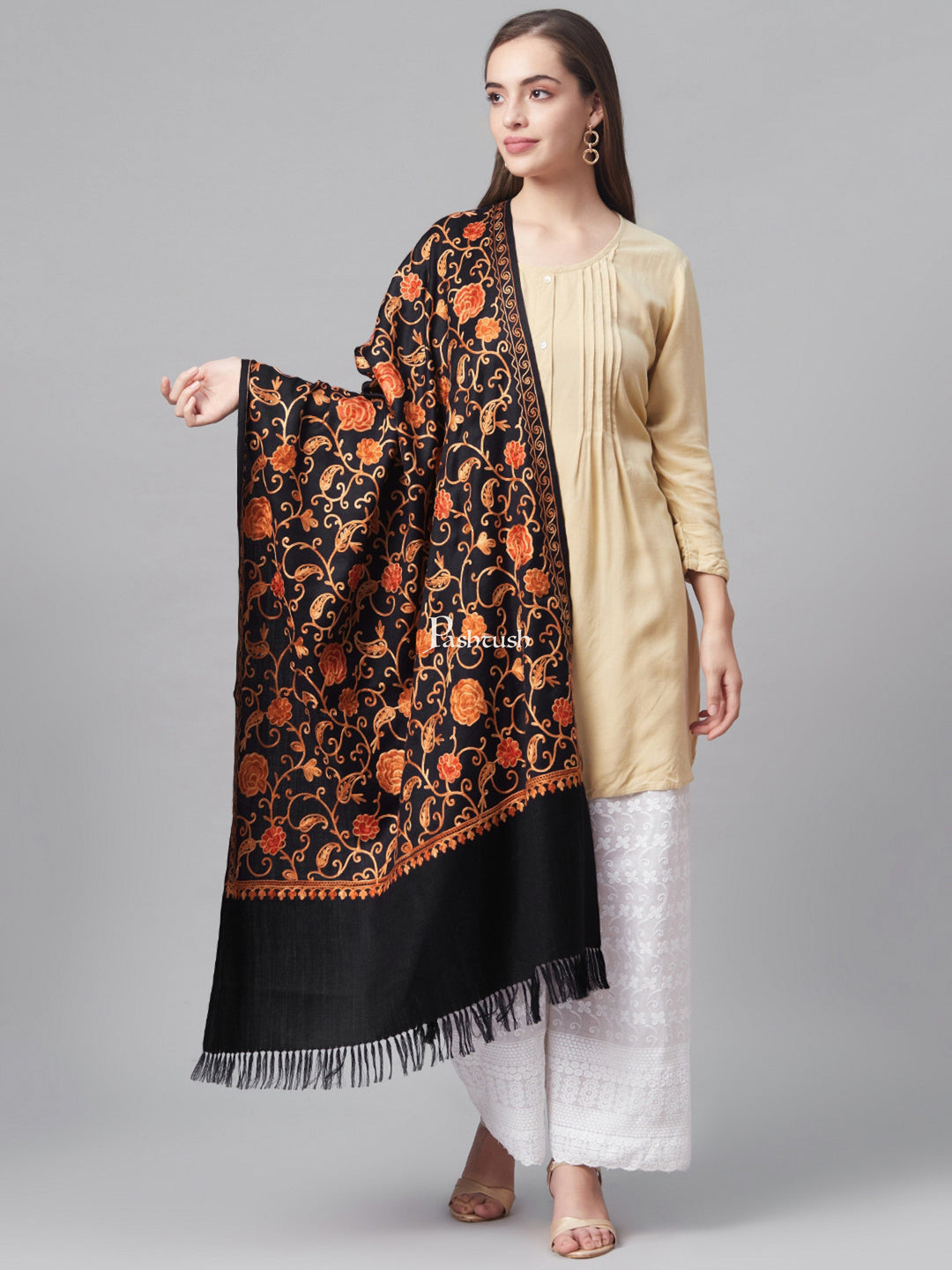 Pashtush India Womens Stoles and Scarves Scarf Pashtush Aari Embroidery, Woollen Stole