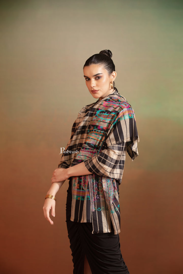 Pashtush India Womens Stoles and Scarves Scarf Pashtush  Bamboo Stole, Checkered Weave With Multicoloured Paisley Palla