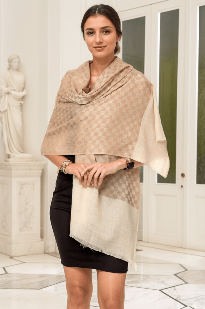 Pashtush Fine Wool Luxury Striped Design Scarf, Stole, Weaving Design Beige