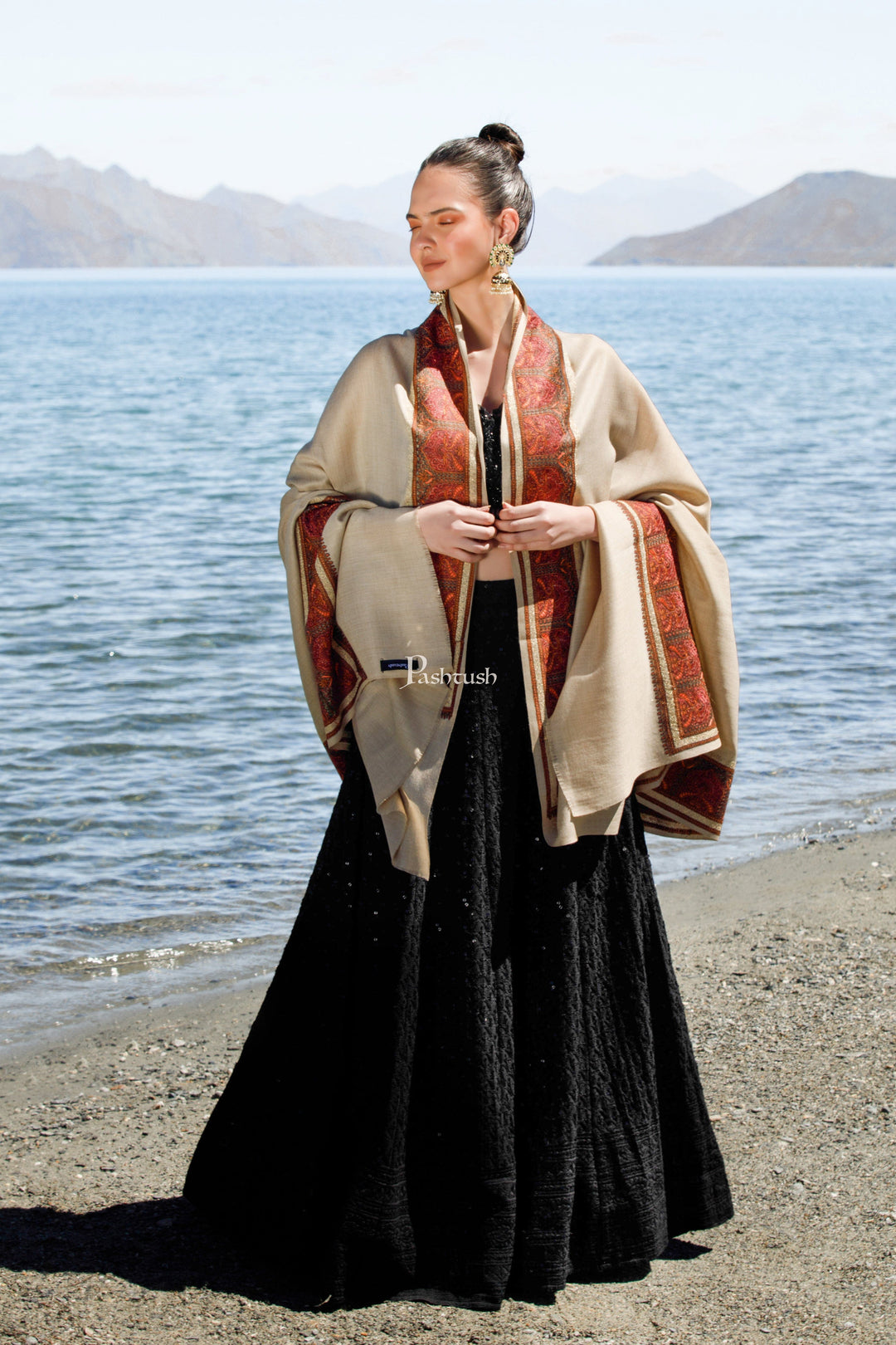 Pashtush India Womens Shawls Pashtush  Fine Wool Shawl, Kashmiri Tilla Embroidery Border Design, Beige