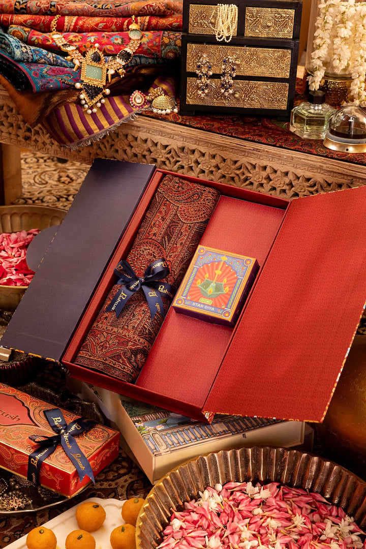 Pashtush India Gift Pack Pashtush Gift Set of Jamawar Stole with Phool Star Diya, Premium Gift Box Packaging