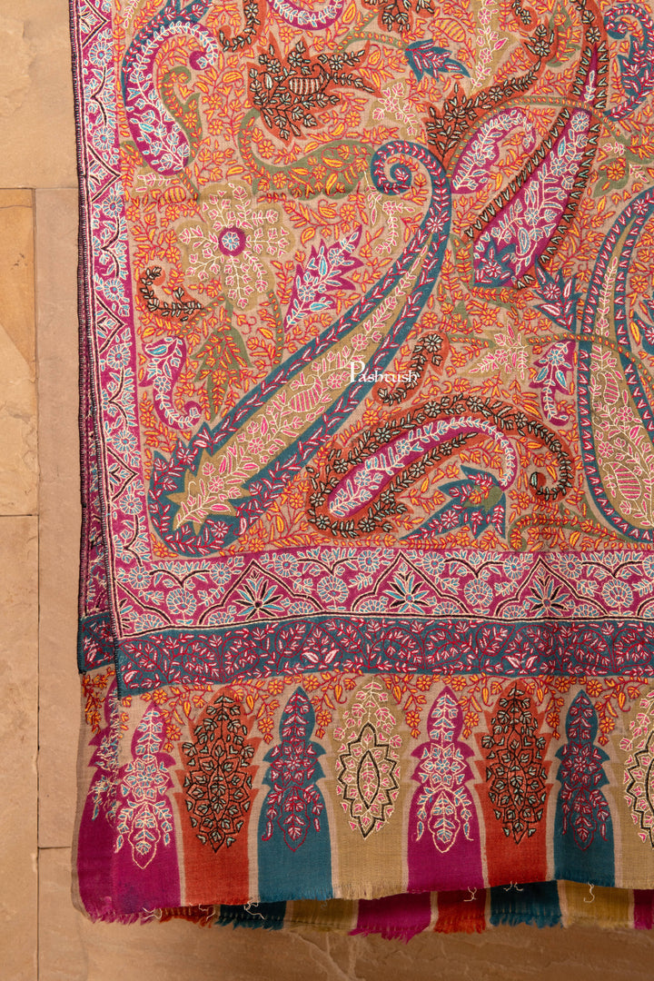 Pashtush Shawl Store Womens Shawls Pashtush Handwoven Pure Pashmina Kalamkar Jama, Handwoven, Hand-painted with Detailed Sozni Hand  Embroidery, Multicoloured