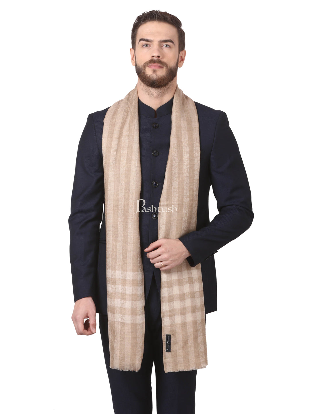 Pashtush India Gift Pack Pashtush His and Her Gift Set, Mens Fine Wool Checkered Stole with Womens Nalki Embroidered Stole, Beige