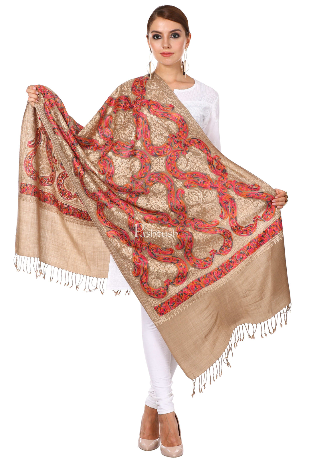 Pashtush India Gift Pack Pashtush His and Her Gift Set, Mens Fine Wool Checkered Stole with Womens Nalki Embroidered Stole, Beige